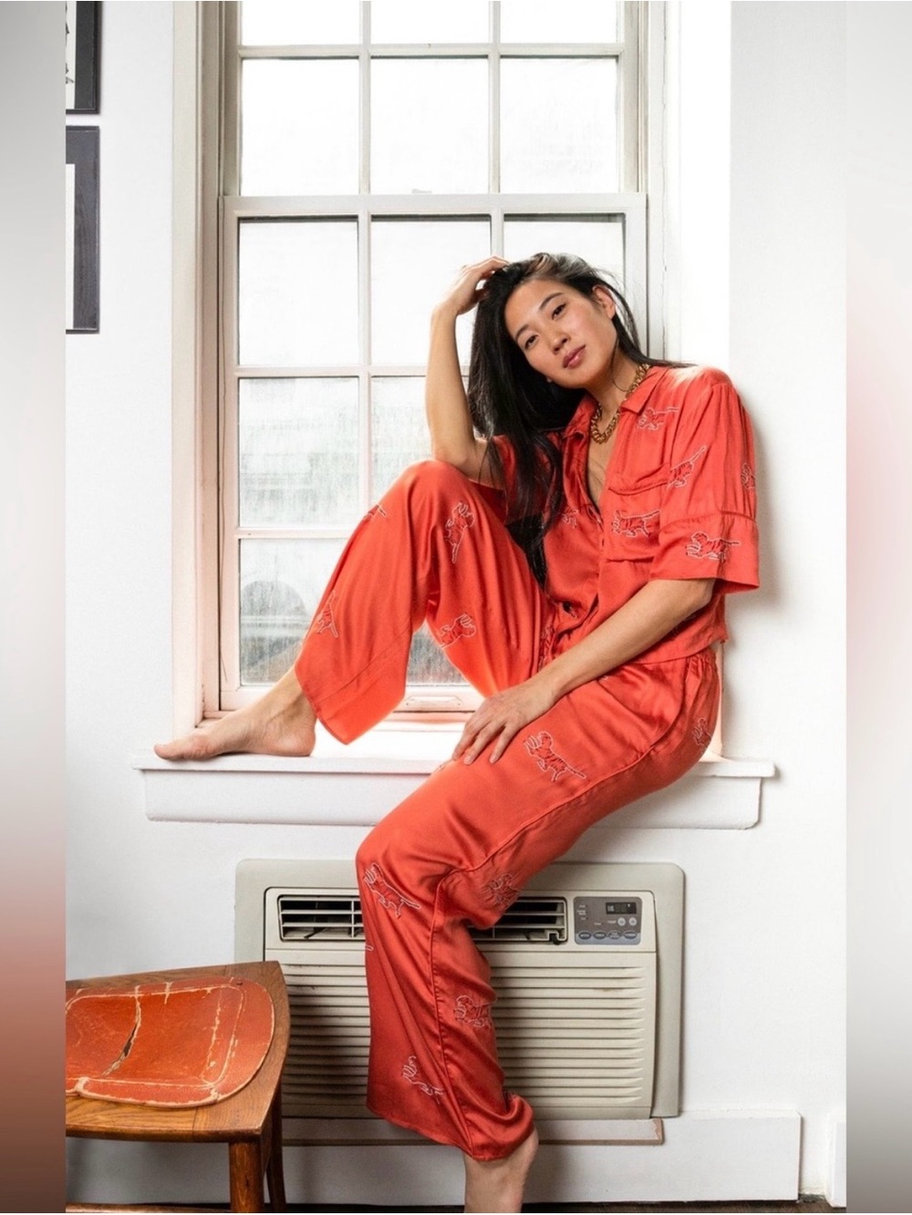 Women's Coral Satin Button-Front Pajama Set